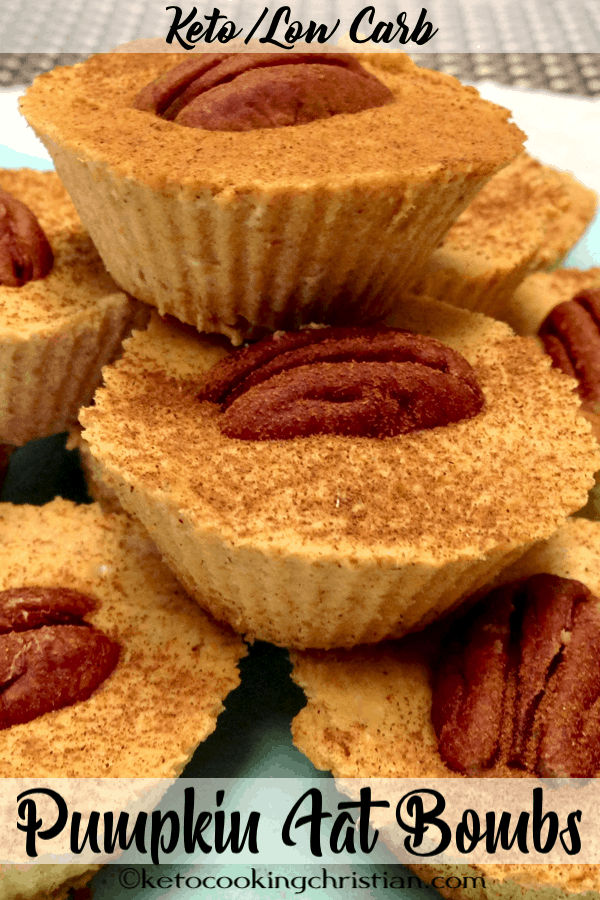 tiny pumpkin pie fat bombs with half pecan on top