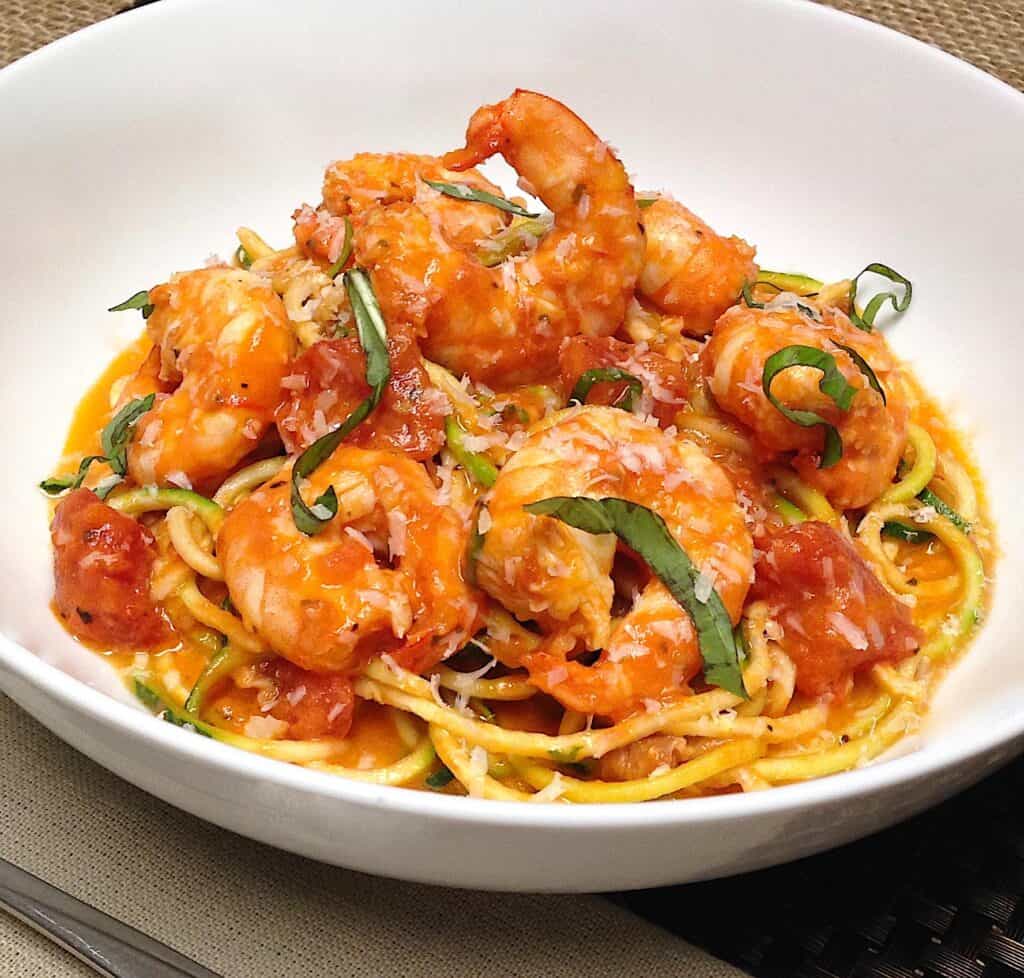 close up of Shrimp alla Vodka in white dish