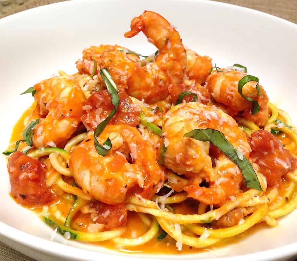 close up of Shrimp alla Vodka in white dish