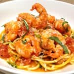 close up of Shrimp alla Vodka in white dish