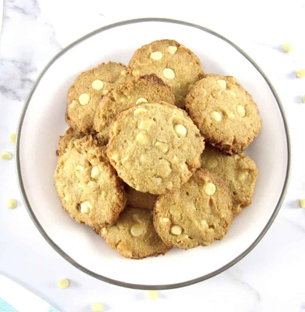 overhead view of while chocolate macadamia nut cookies