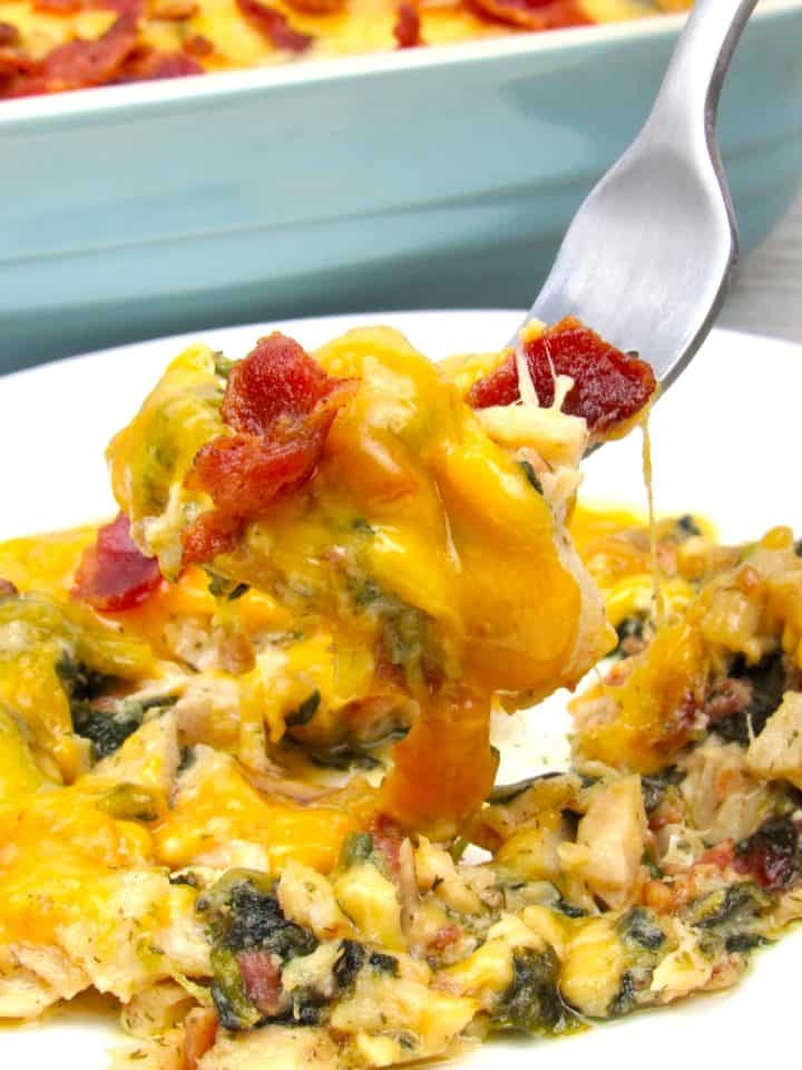 Bacon Ranch Chicken Casserole with fork holding up some