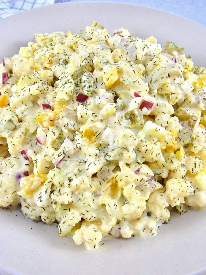 Cauliflower Potato Salad on white plate