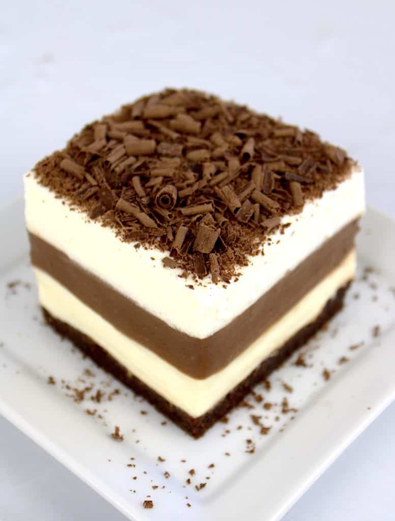 closeup slice of Keto Chocolate Lasagna with chocolate shavings on top