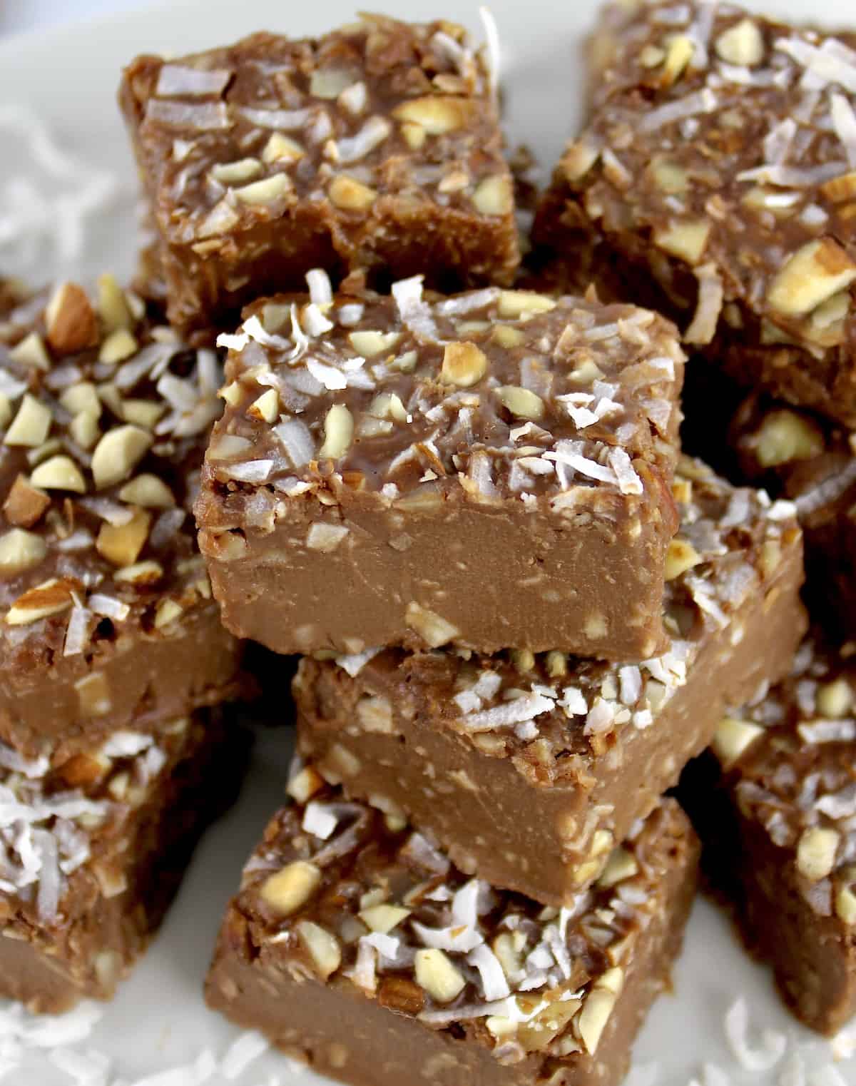 closeup of Keto Almond Joy Fudge stacked up