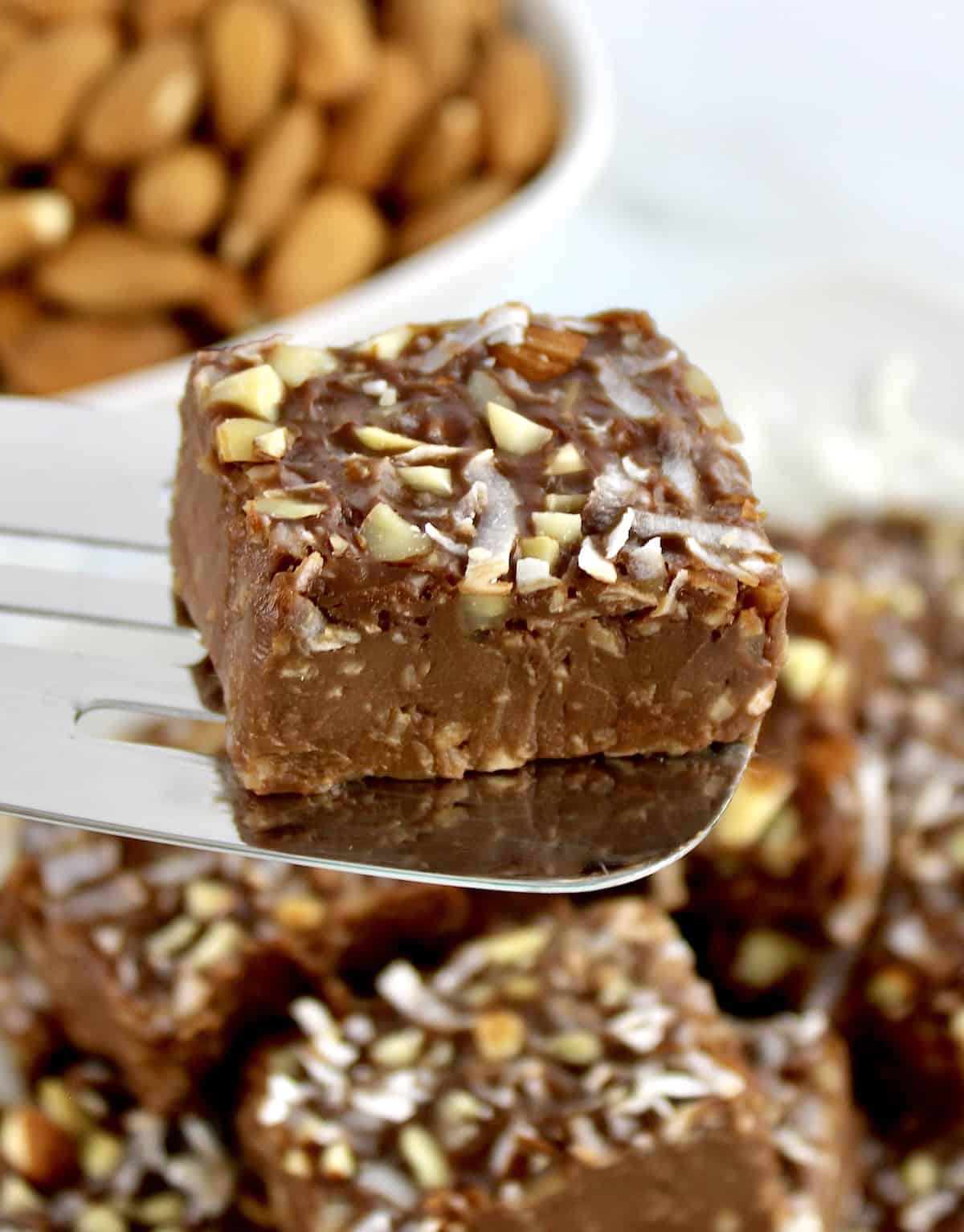 Keto Almond Joy Fudge piece on silver spatula