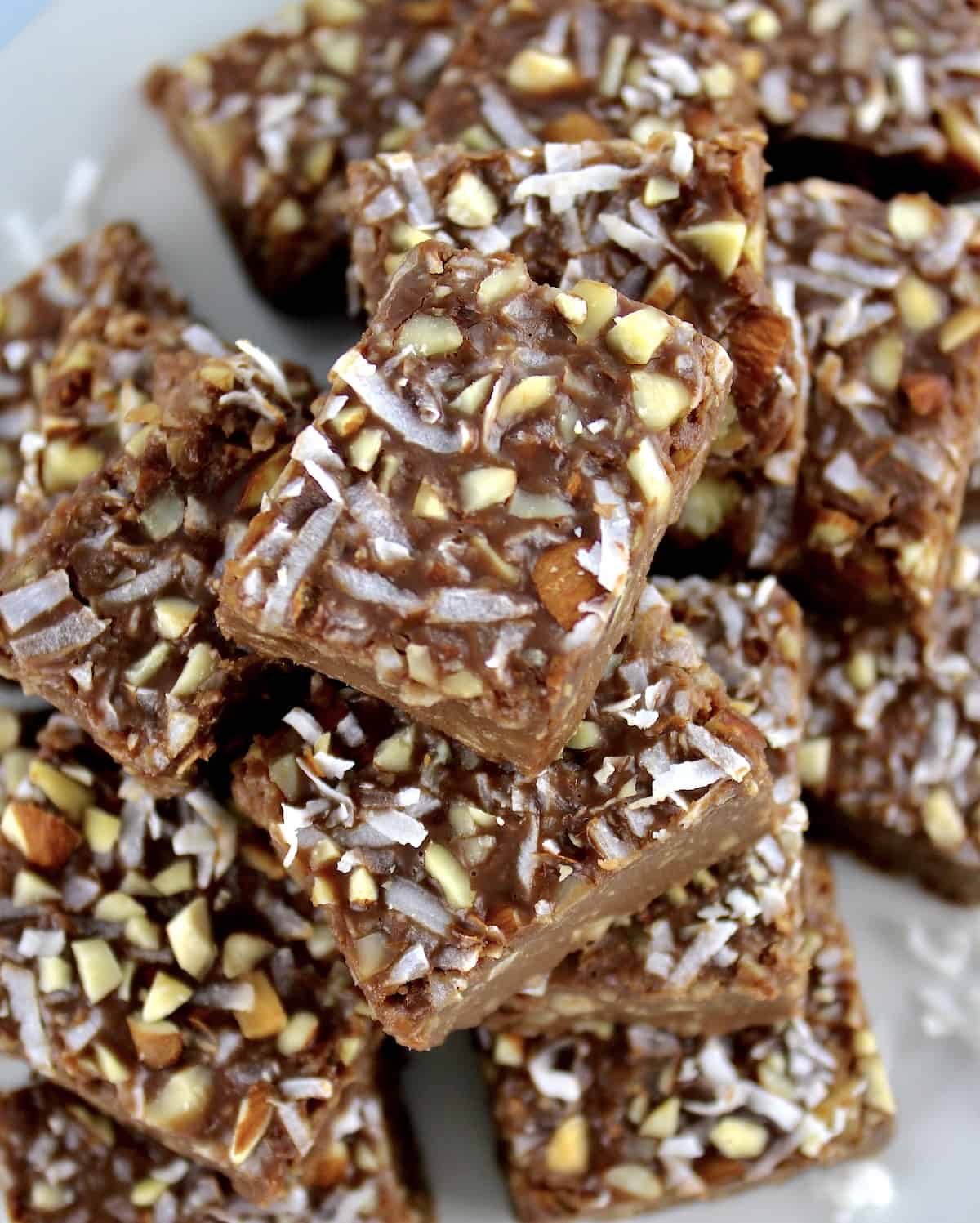 overhead view of Keto Almond Joy Fudge pieces stacked up